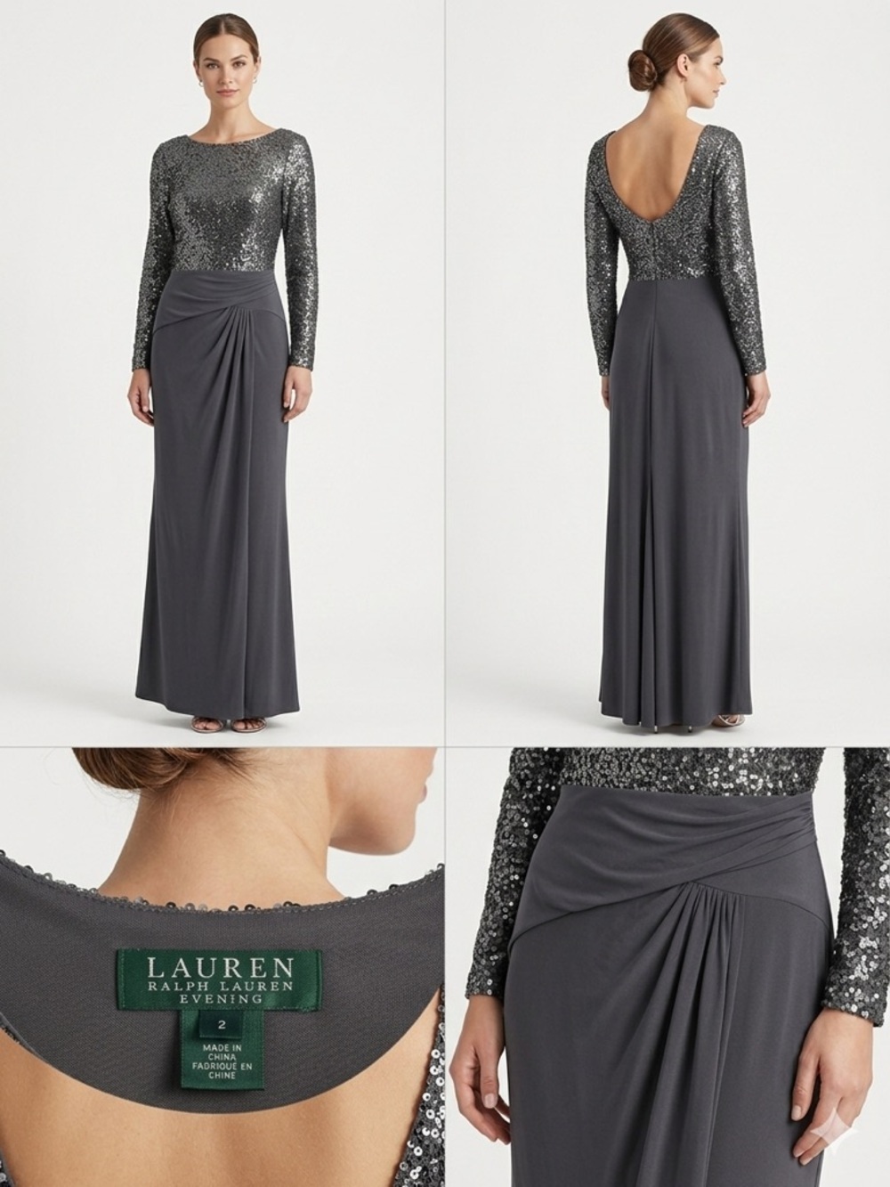 Ralph Lauren Evening Dress in Charcoal Gray and Deep Green Label
